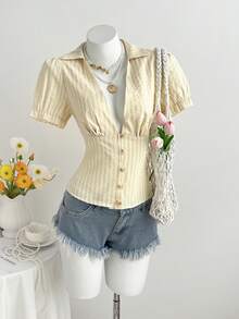 Elamini Yellow Striped V-Neck Petal Sleeve Women's Vacation Blouse - Multicolor - View 1