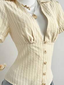 Elamini Yellow Striped V-Neck Petal Sleeve Women's Vacation Blouse - Multicolor - View 6