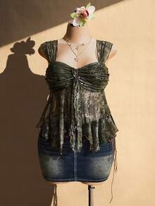 SHEIN ICON Áo tank top hai dây viền lưới xuyên thấu bất đối xứng dành cho nữ cỡ lớn, kiểu dáng thời trang dự tiệc, thích hợp cho kỳ nghỉ hè, mùa tốt nghiệp, tựu trường, phong cách Y2K. - Nhiều màu - Xem 3