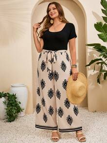 EMERY ROSE Plus Size Women's Summer Boho Vacation Holiday Beige Colorblock Print Patchwork Short Sleeve Jumpsuit, Wide Leg Palazzo 2pcs Pants Set Outfits - Multicolor - View 5