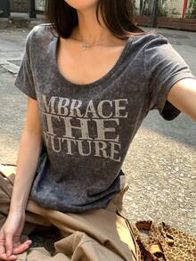 DAZY Women's Slogan Print Round Neck Loose Casual Short Sleeve T-Shirt Summer - Grey - View 4