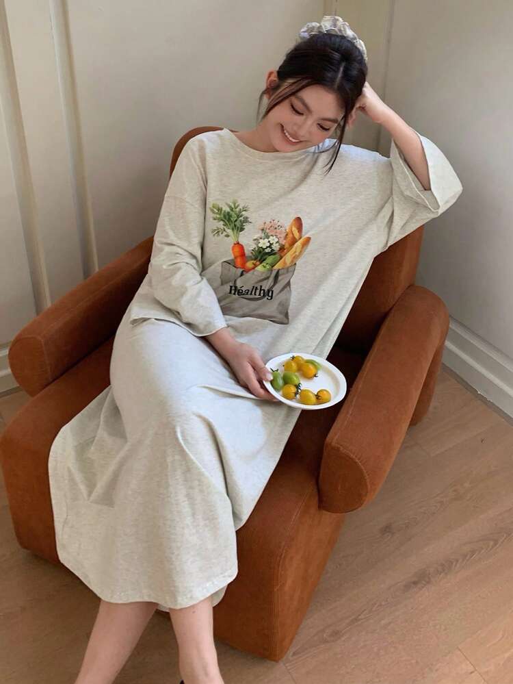 Dazy Plus Fashionable Graphic Print Loose Round Neck Straight T-Shirt Dress, Long Nightgown For Plus Size Women