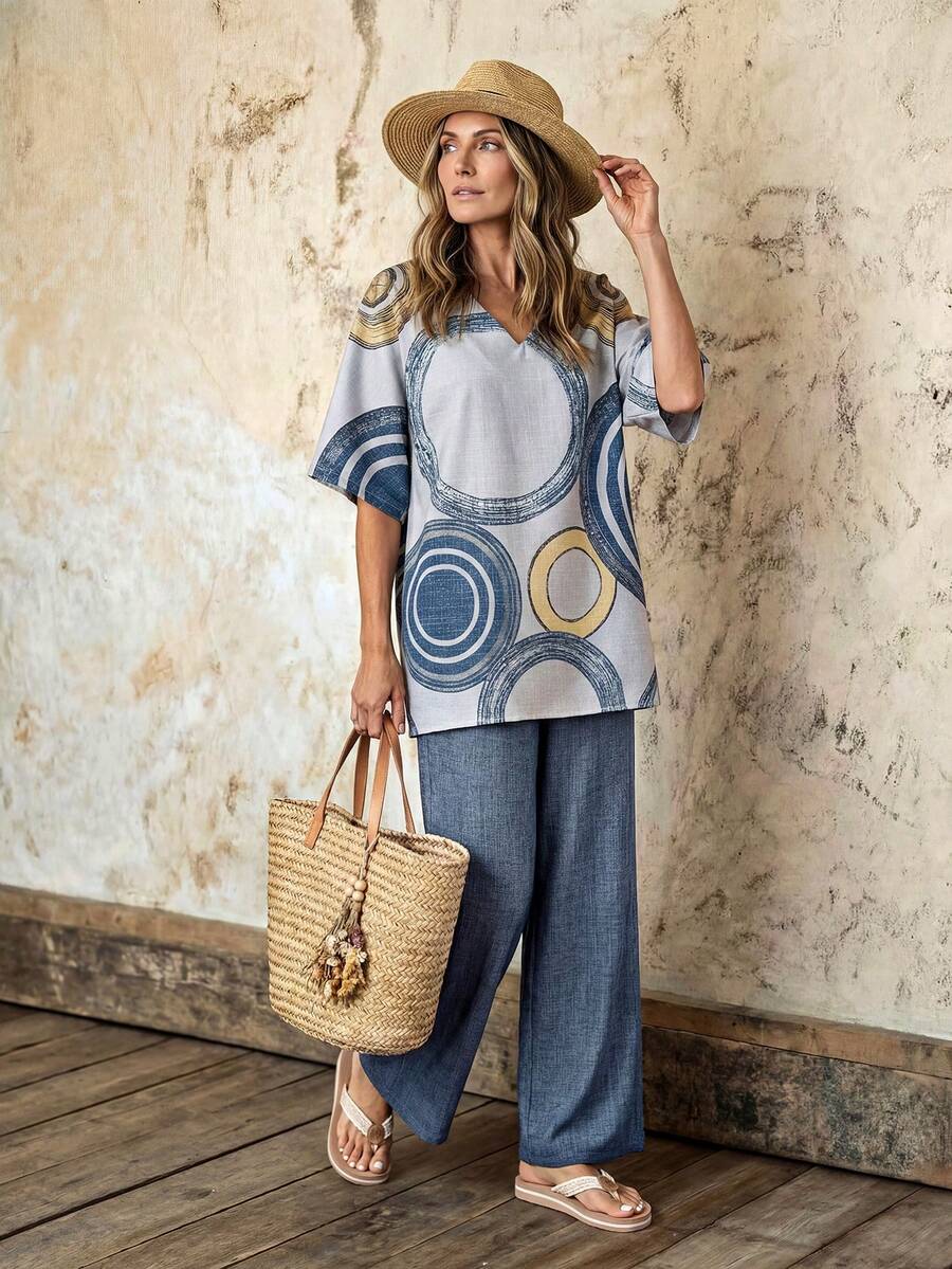 Faunlyn Women's Grey,Summer,Boho,Vacation,Holiday 2 Pieces Set,Circle Print Shirt And Pants,Casual Outfits,Beach Outfit For Women,Pants Outfit Sets - Multicolor - View 1