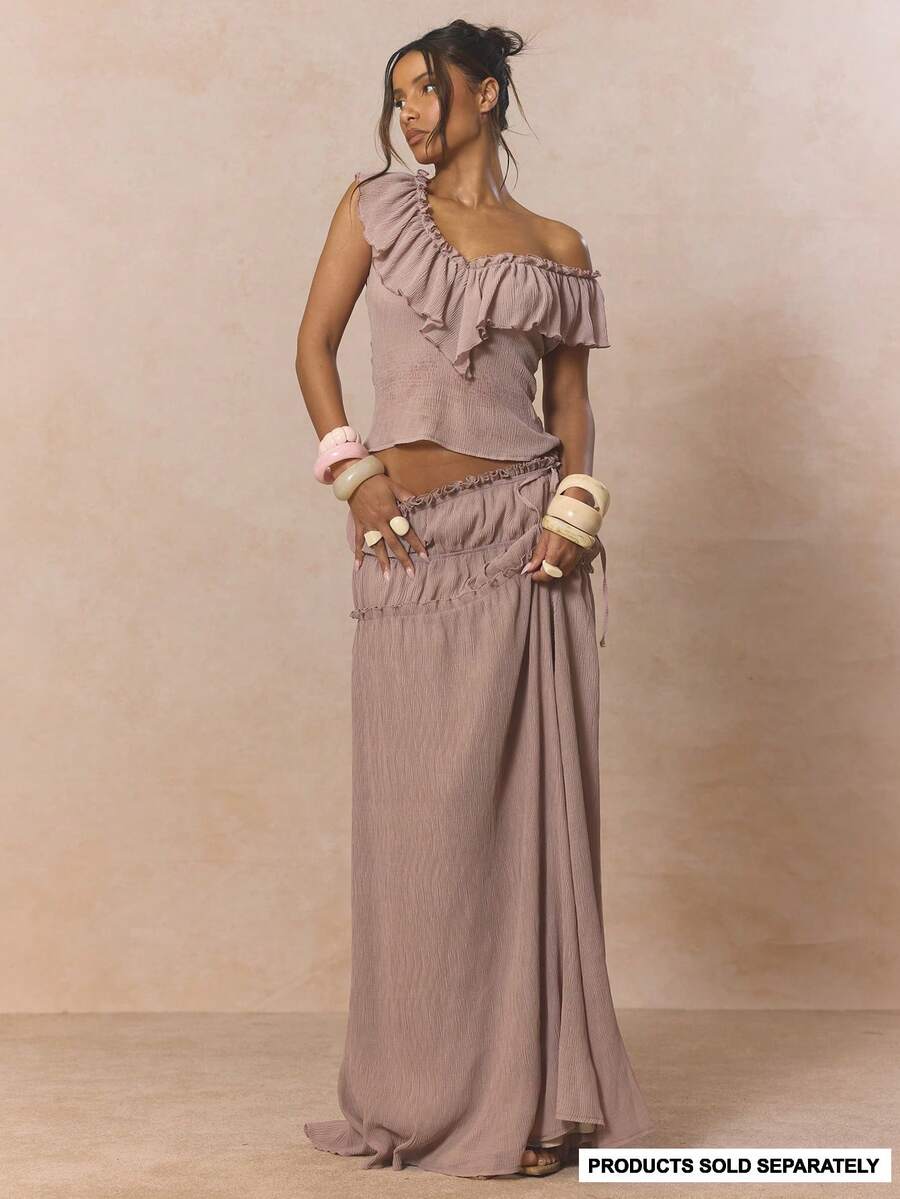 MUSERA Ruffled Ruched Edge Flowy Low Rise Maxi Skirt Coord Skirt Only  Cute Spring Holiday Girly Sugar Salt - Dusty Purple - View 1