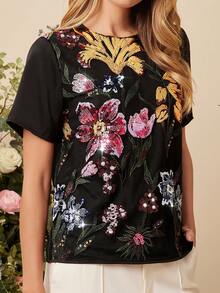 Amorya 女士花卉亮片装饰圆领短袖时尚衬衫 - 彩色 - 查看 6