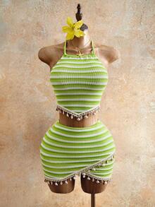 Mistrie Conjunto de 2 piezas con top halter con ribete de concha a rayas y minifalda para mujer - Verde - Ver 3