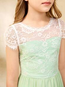 Girls' Lace Patchwork Chiffon Flower Girl Long Dress, Waist Cinched, Suitable For Weddings, Parties, Birthdays, Banquets, All Seasons Junior Bridesmaid Dress Teen Girls Elegant Dress Pastel Colour Dress For Tween Girls Tween Girls Elegant Bridesmaid Lace Long Dresses For Tweens Elegant Dresses For Girls Girls Lace Dress Prom Dress For Tweens Kids Formal Dress Prom Dress For Kids Girls Formal Dress Dresses For 12 Yrs Old Tween Formal Dress - Green - View 6