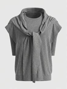 ROMWE MEN Street Life Men's Solid Color Knit Shawl Matched With Round Neck Knit Top Casual Suit - Light Grey - View 8