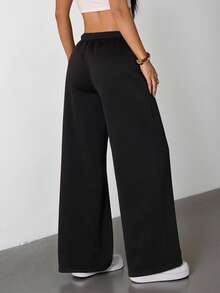 SHEIN PETITE 女士高弹力阔腿黑色长裤 - 黑色 - 查看 5