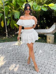 SHEIN SXY Áo kiểu trễ vai xếp bèo nhún cho kỳ nghỉ biển - trắng - Xem 5