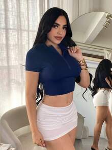 SHEIN SXY Áo thun nén thể thao màu xanh hải quân, khóa kéo phía trước. - Màu xanh lam - Xem 6