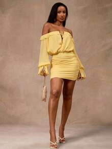 Opulessa Summer Spring Going Out Beach Vacation Festival Party Wedding Graduation Prom Elegant Casual Formal Women's Elegant Solid Color Off-Shoulder Ruffle Hem Dress, Spring Summer Outfits, Festival Dress, Elegant Party Dress, Beach Vacation Outfits, Wedding Guest Dresses, Formal Graduation Dress, Work Outfits For Women - Yellow - View 5