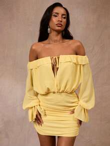 Opulessa Summer Spring Going Out Beach Vacation Festival Party Wedding Graduation Prom Elegant Casual Formal Women's Elegant Solid Color Off-Shoulder Ruffle Hem Dress, Spring Summer Outfits, Festival Dress, Elegant Party Dress, Beach Vacation Outfits, Wedding Guest Dresses, Formal Graduation Dress, Work Outfits For Women - Yellow - View 6