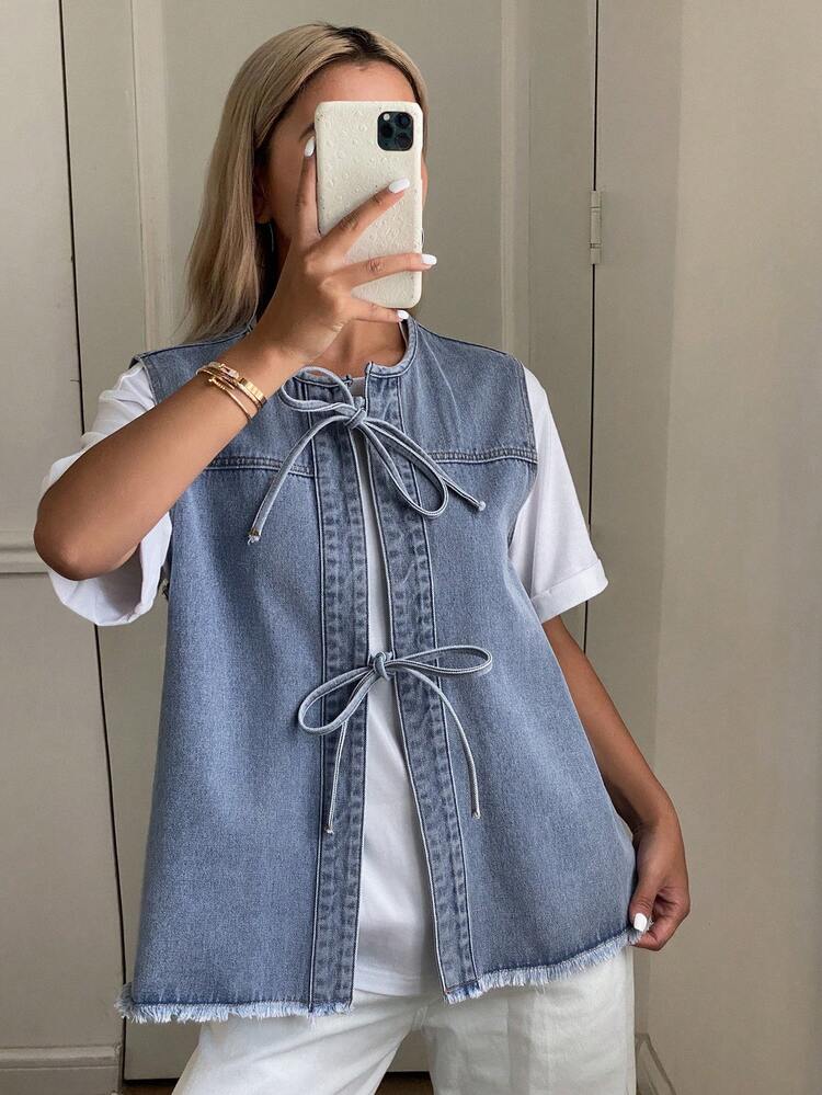 Tall Women's Sleeveless Tie-Front Cropped Denim Cardigan