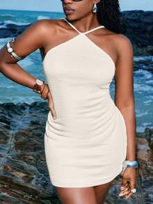 LYSMO 大码休闲度假风吊带连衣裙 - 米色 - 查看 6