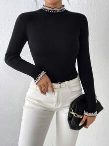 Firerie 撞色饰边荷叶边立领黑色毛衣、长袖上衣 - 黑色 - 查看 6