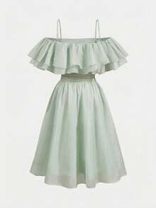 Pitira Pitira Tween Girls' Elegant Green Ruffle Strap Dress, Summer Sage Green Dress Midi Dress Ruffle Dress Off Shoulder Dress - Green - View 4