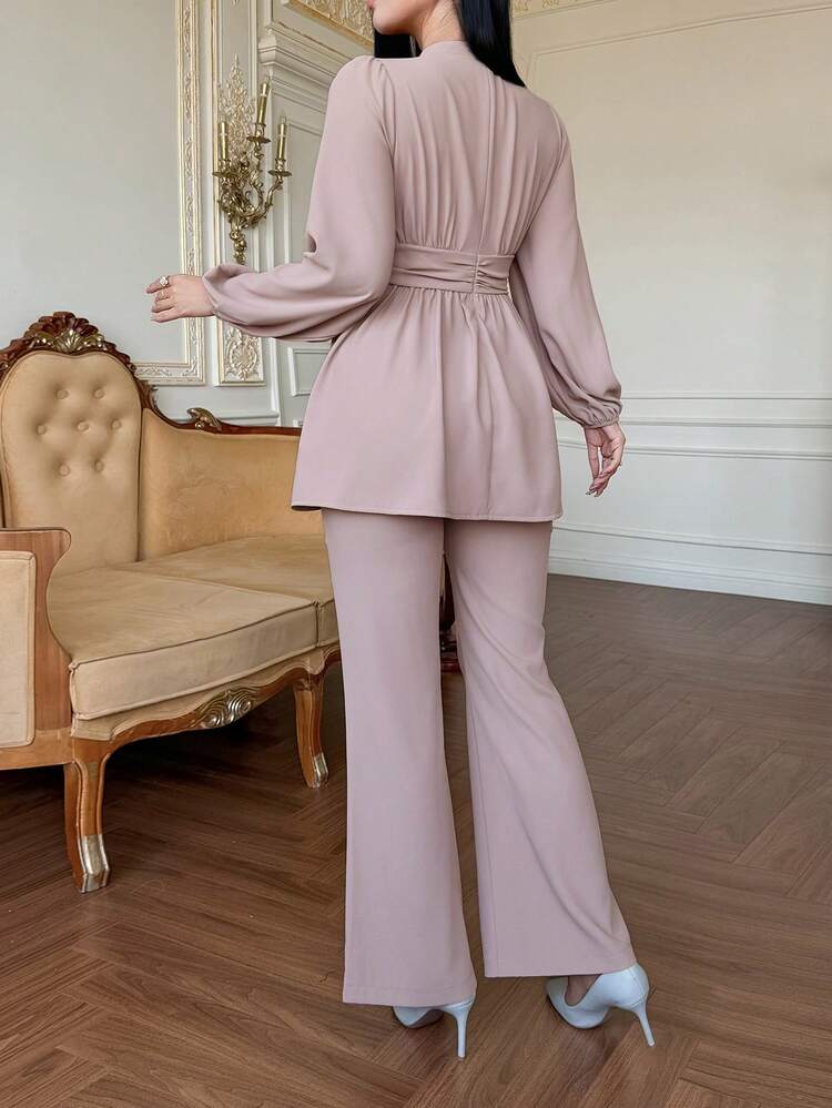 Women's Elegant Solid Color Stand Collar Petal Sleeve Pleated Pullover Top And Flare Pants 2-Piece Set, Spring/Summer
