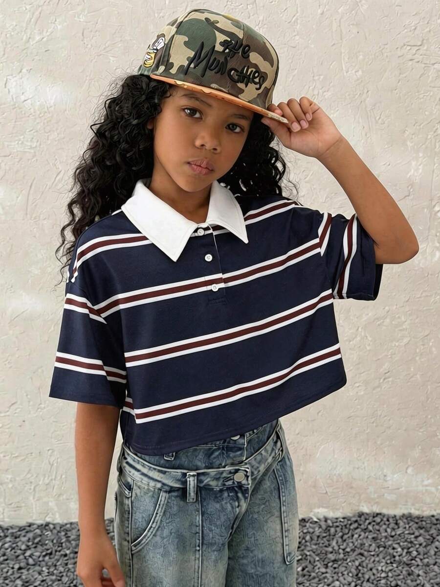 Tween Girls ' Spring/Summer Form-Fitting Striped Contrast Color Polo Neck T-Shirt
