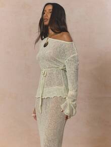 MUSERA 露肩系带腰身针织长款荷叶边下摆上衣（单件上衣）可爱春日假日少女风 Sugar Salt - 薄荷綠 - 查看 3