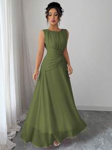 Elenzga Đầm maxi chiffon thanh lịch, lãng mạn, cổ điển dành cho nữ, thích hợp đi biển, tiệc trà chiều, dự tiệc, đi làm, không tay, cổ tròn, eo dây rút, lưng xếp ly, có lớp lót, mùa xuân/hè. - xanh quân đội - Xem 4