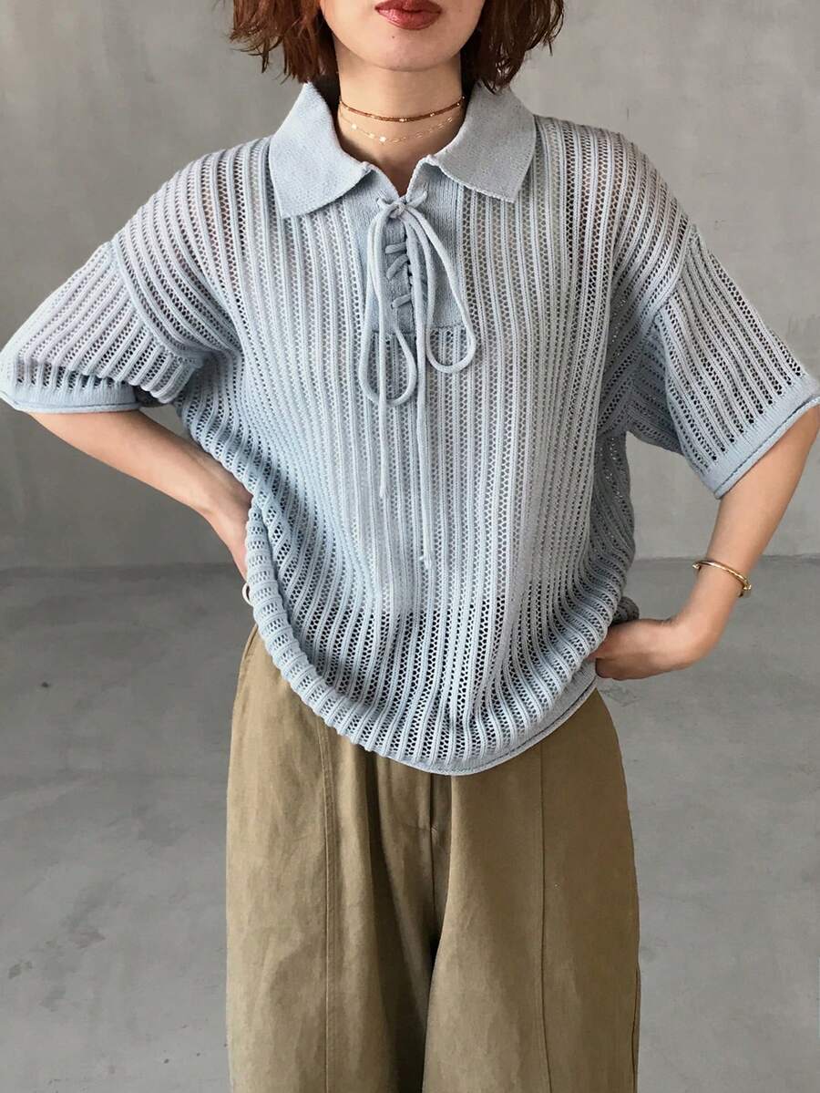 FRIFUL 女士休闲纯色镂空针织上衣,春夏款 - 藍色 - 查看 1