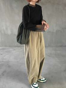 FRIFUL 纯色拼接薄纱波点网眼宽松休闲百搭T恤 - 黑色 - 查看 5