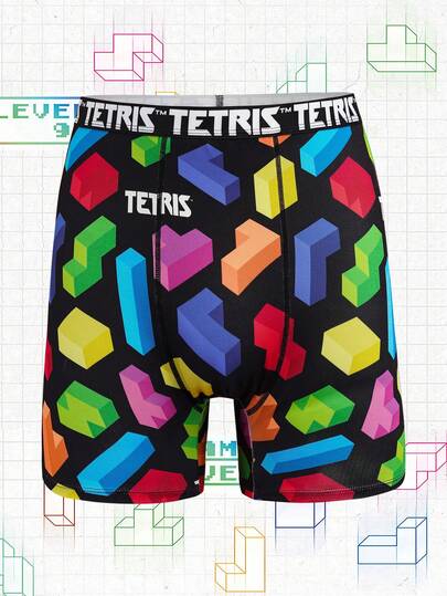 Tetris™ X SHEIN 1pc Men's Boxer Briefs, Digital Cube & Letter Print, Elastic Waistband