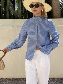 DAZY Women's Ruffle Collar Striped Raglan Sleeve Single-Breasted Shirt - Blue - View 7