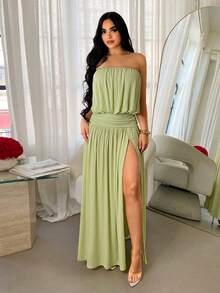 SHEIN SXY Vestido de playa sin tirantes con abertura alta en verde - Verde - Ver 4