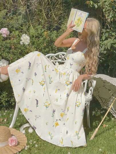 SHEIN MOD Women's Elegant Floral Print Waist Cinched Sleeveless Dress, Summer,Vacation Outfits, Retro, Vintage,Country Outfits,  Going Out,Teacher Outfits For Women,Date, Picnic, Party, Prom, Festival,Birthday Wear, Cottagecore Dress,Tea Party Dress,French Style Dress,Floral Print Dress