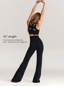 GLOWMODE 33英寸 FeatherFit™ Groovy Flare 高腰超长喇叭紧身裤，柔软弹力，吸汗透气，适合低强度瑜伽、普拉提、日常运动穿着 - 黑色 - 查看 3