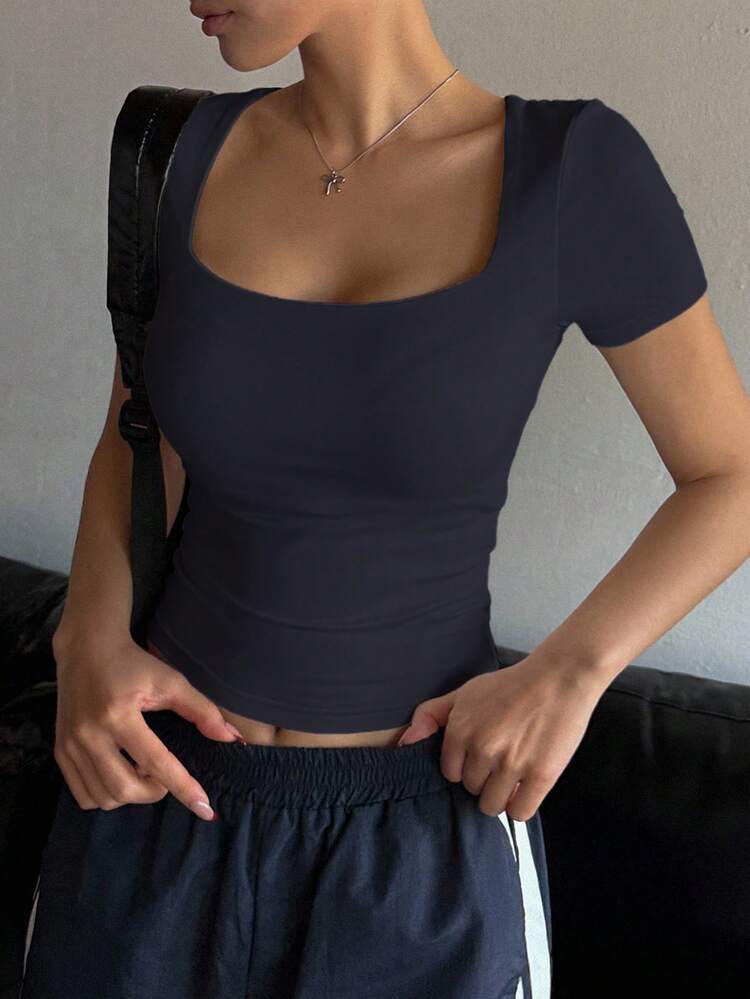 Women's Square Neck Short Sleeve Fitted T-Shirt Crop Tops Women