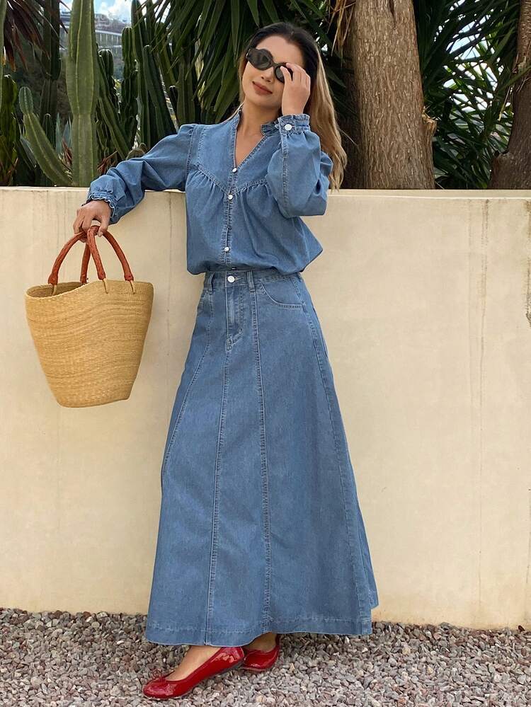 Women's Frill Trim Palace Style Denim Shirt And Long Denim Skirt Elegant Denim Set