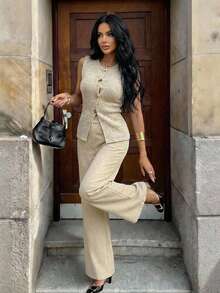 Aloruh 春夏新款女士优雅休闲通勤办公装，杏色和卡其色碎花薄纱无袖休闲百搭针织背心，女士纯色无袖V领金属纽扣装饰夏季时尚优雅背心 - 杏色 - 查看 8