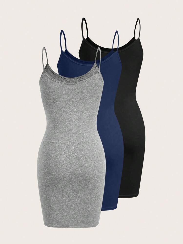 Vestido de tubo casual de un solo color con tirantes de espagueti para mujer - Multicolor - Añade 2