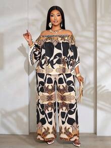 SOLERSUN 女士两件套加大码印花度假休闲春夏露肩上衣和阔腿裤 - 杏色 - 查看 1