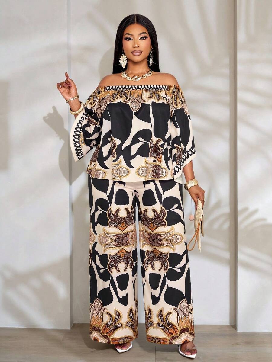 SOLERSUN 女士两件套加大码印花度假休闲春夏露肩上衣和阔腿裤 - 杏色 - 查看 1