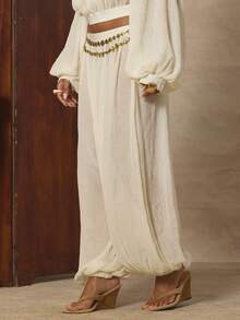 MUSERA 修身腰部灯笼裤，弹力裤脚，仅下装，可爱春日假日少女风，Sugar Salt夏季休闲装 - 奶油色 - 查看 3