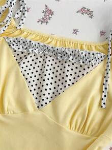 Elamini Women's Short Sleeve Fitted Polka Dot Splice Tie Front Casual T-Shirt - Yellow - View 3