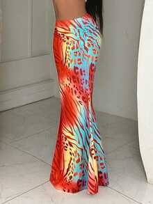 BamGleam Women's Vacation Printed Pattern Fitted Mermaid Skirt - Orange - View 6