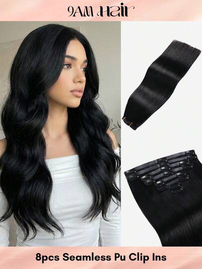 Seamless Clip Ins 18 Inch 8 Pcs 120g Seamless Clip In Hair Extensions Black Clip In Extensions Pu Weft Real Human Hair Clip Ins Silky Straight For Thinning Hair