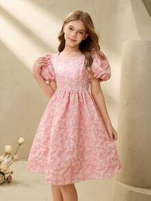 Tween Girl Butterfly Jacquard Round Neck Petal Sleeve Cute Dress - Pink - View 5