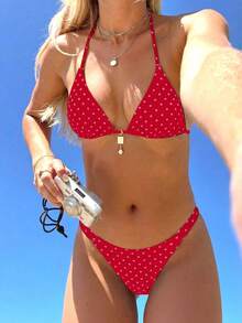 Swim Mod Bộ bikini nữ mùa hè mới, thời trang đi nghỉ mát bên bờ biển, ngọt ngào, dễ thương, họa tiết chấm bi tương phản, hai mặt, kiểu buộc dây cổ sau lưng, gợi cảm. - Nhiều màu - Xem 2