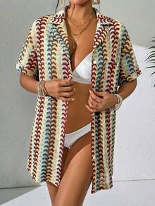 Swim Vcay Kimono de verano para mujer con abertura delantera de botones, hombros caídos, manga corta, estampado de rayas y encaje, para usar como cubierta en la playa - Caqui - Ver 3