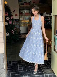 DAZY 女士吊带条纹花卉刺绣图案休闲度假约会连衣裙 - 藍色 - 查看 6