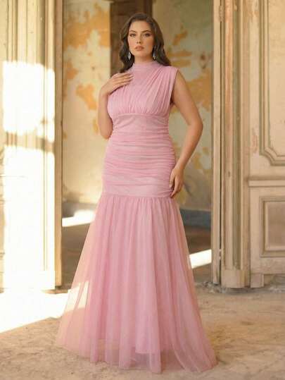 Aureia Plus Size Elegant Romantic Light Pink Mandarin Collar Cap Sleeve Fitted Fishtail Hem Dress, Suitable For Vacation, Evening Party, Date, Ball, Wedding, Bridesmaid Curve Formal Evening Gown Pink Wedding Guest Dress