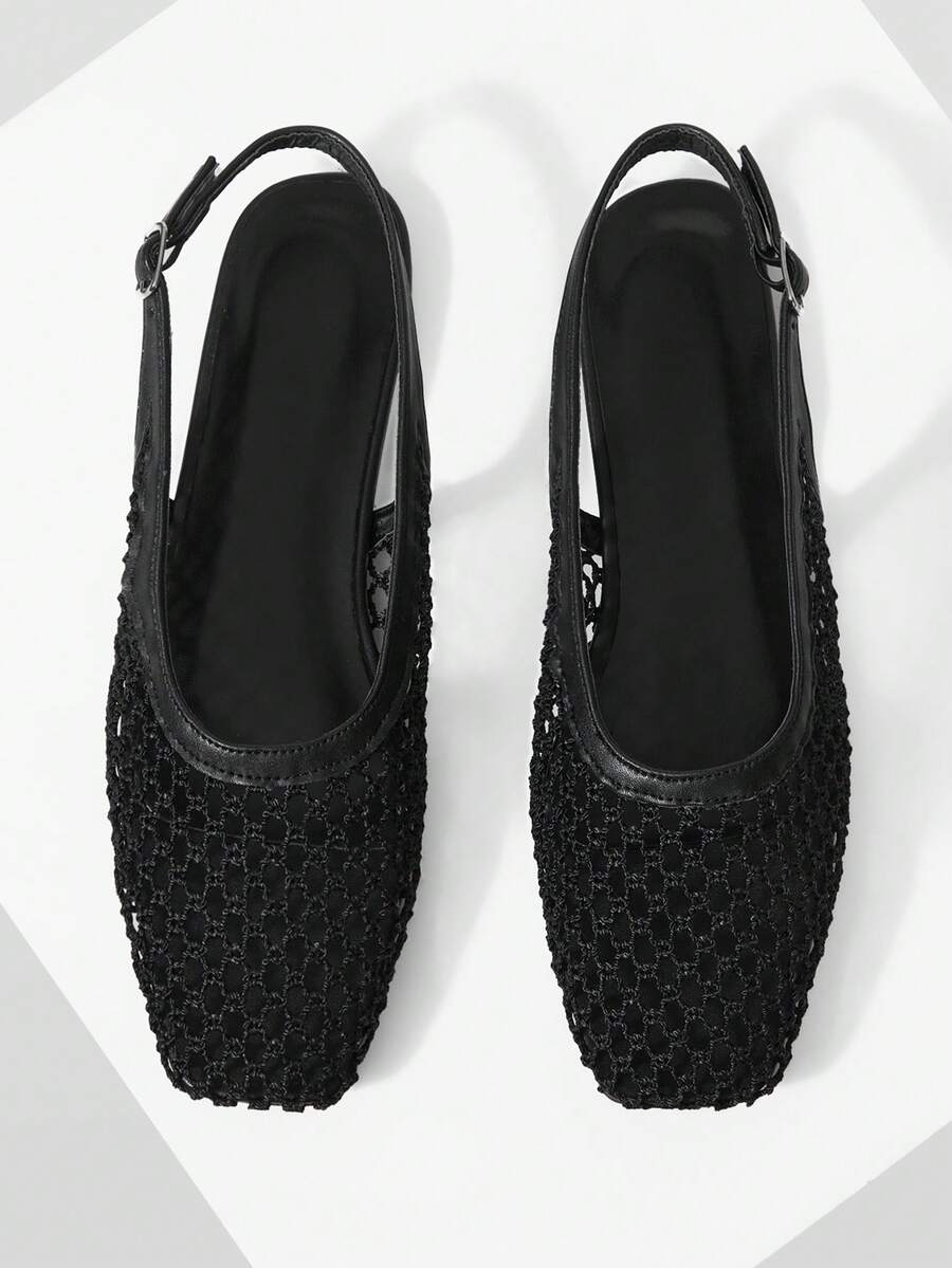 Mnmlis Zapatos planos de mujer con punta cuadrada, de moda, tejidos y sin cordones - Negro 1 - Ver 1
