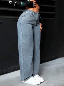 SHEIN PETITE 女士帶口袋休閒牛仔褲 - 藍色 - 查看 4