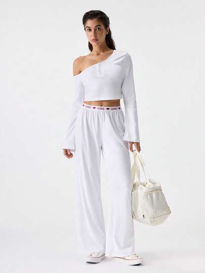  Lowkey Lull White Comfortable Casual Soft Chic Autumn Casual Easy Comfort Autumn Slumber Long Sleeve Long Pants Set, Women Sleepwear Set